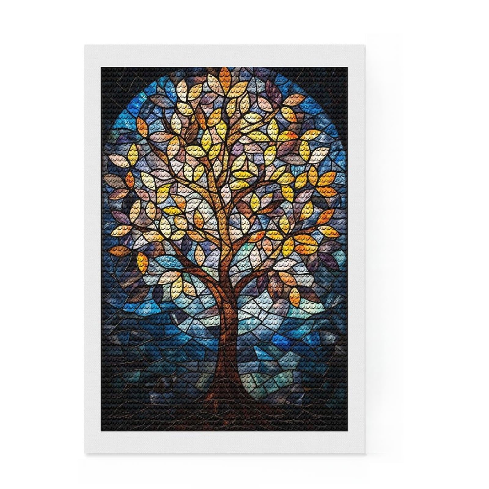 Junmoney Stained Glass Tree Diamond Art Kit 8"x12", Modern Decor, for Adults, with Tool Kit, Thoughtful Handmade Gift, Fun Craft Experience