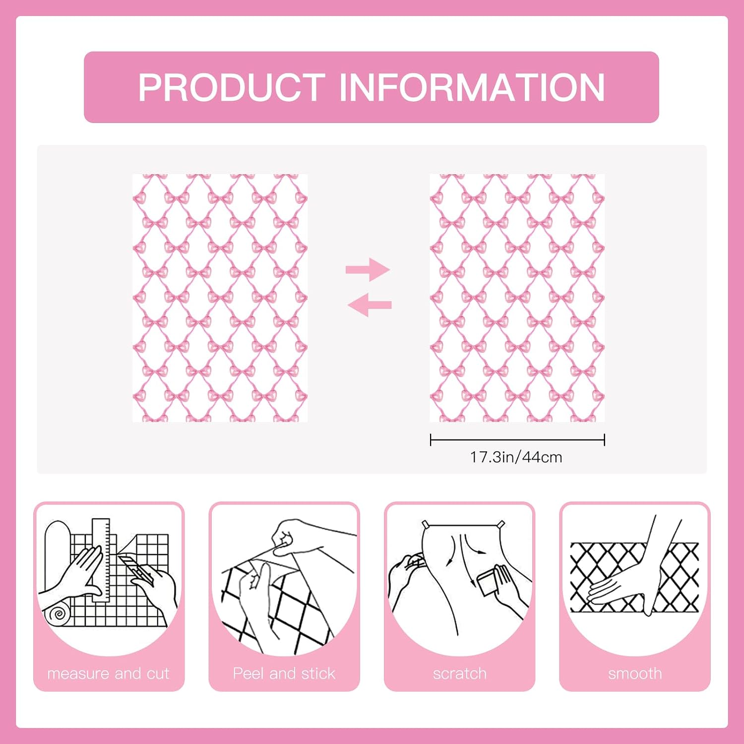 RUSPEPA Peel and Stick Wallpaper, 17.3 Inch x 6.5 Feet, Cute Pink Bow Design Self Adhesive Removable Wallpaper Decorative Waterproof Contact Paper for Cabinets, Walls