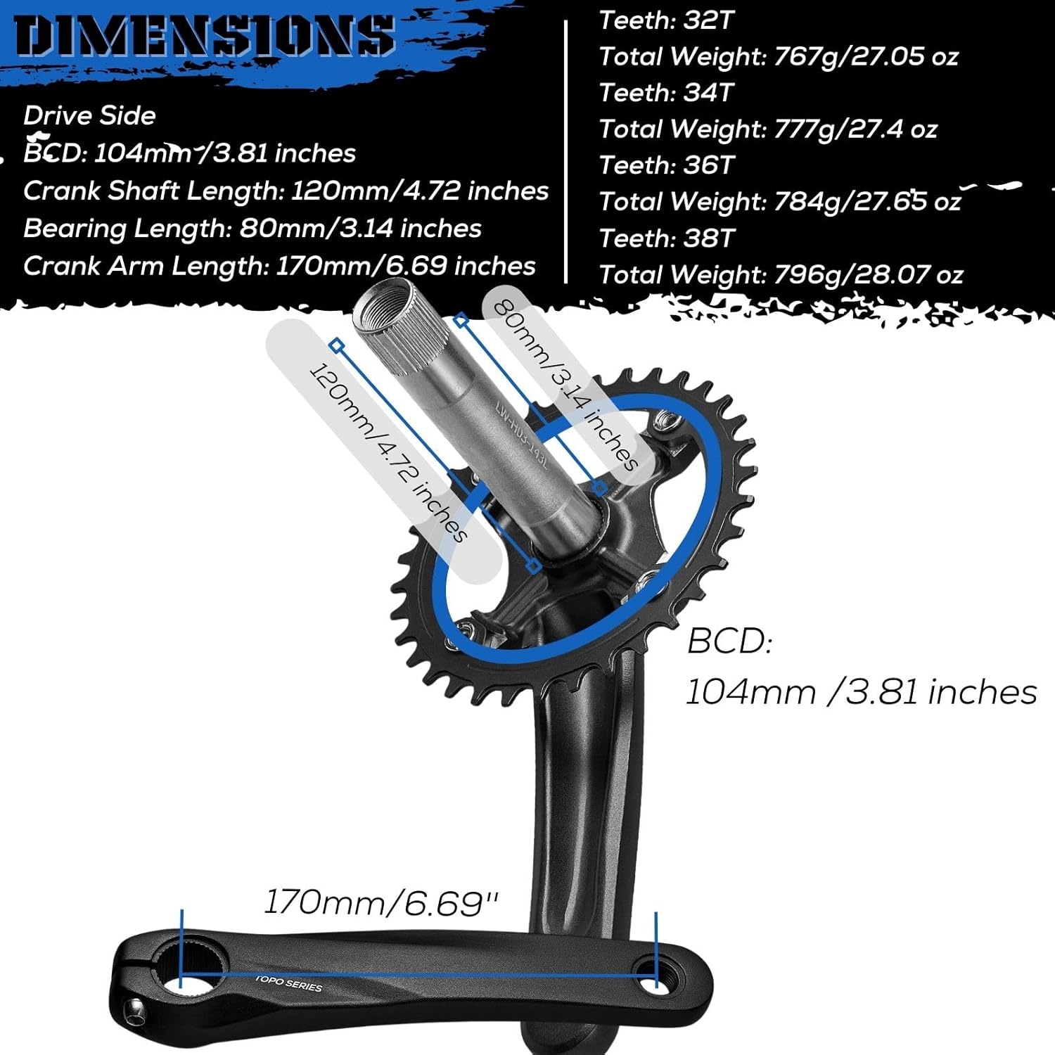 corki Cycles Bike Cranksets, 170mm 104 BCD Bike Crank Arm Set, with Chainring Bolts, for Road Mountain Bicycle, 32T/34T/36T/38T (1 Pair)