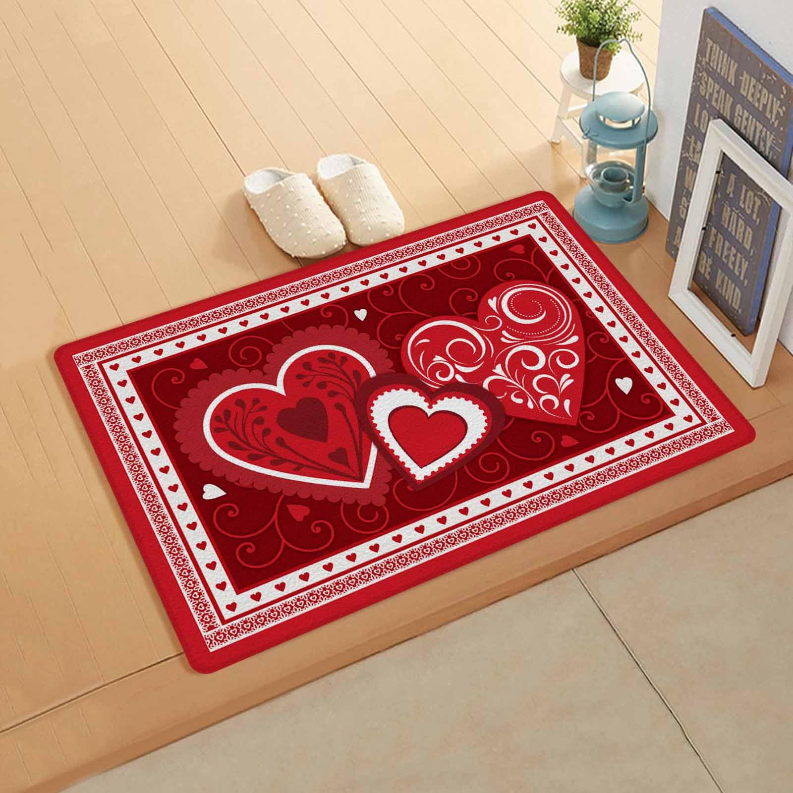 Valentine Love Kitchen Bath Door Mat Cushioned Runner Rug,Washable Welcome Floor Sink Antifatigue Mat,Waterproof & Non-Slip Comfort Standing Doormat,Valentine's Day Red Romantic Heart 24