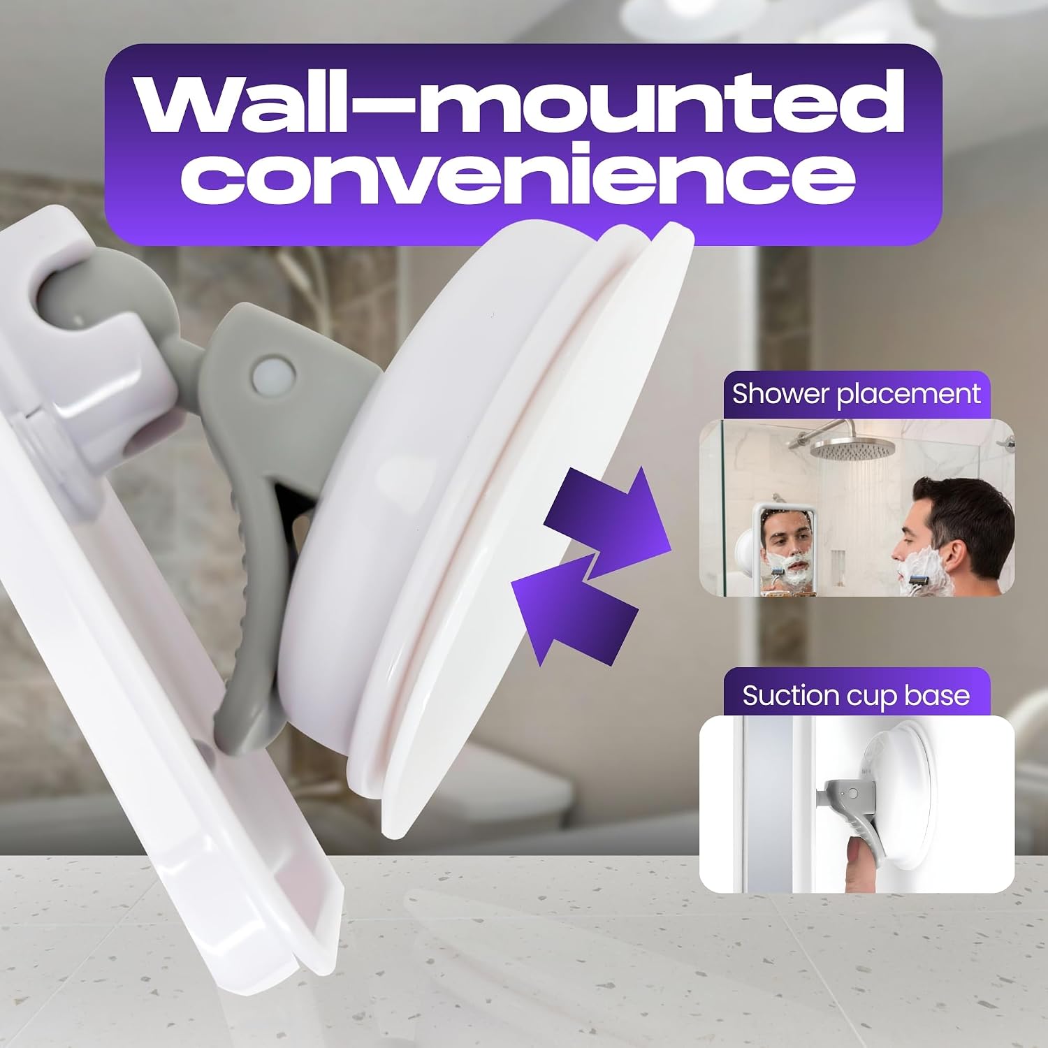 Safe-er-Grip Changing Lifestyles Suction-Mounted Fog-Free Shower Mirror, 360° Swivel Shaving Mirror with 2 Razor Hooks, Removable, Reusable, No-Tool Install, 4.5 x 6 in, White