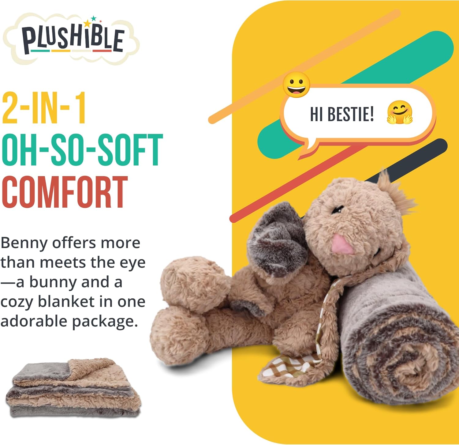 Benny Bunny Blankie Bestie, 2-in-1 Stuffed Animal & Blanket, Soft Sensory Plush Toy Gift for Girls, Boys, Babies, Toddlers, & Kids - Beige, Baby