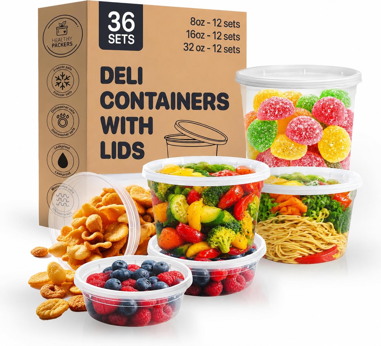 Healthy Packers Premium Deli Cups Frischhaltedosen Gefrier-, mikrowellen- und spülmaschinengeeignet 10 oz, 16 oz, 32 oz durchsichtig
