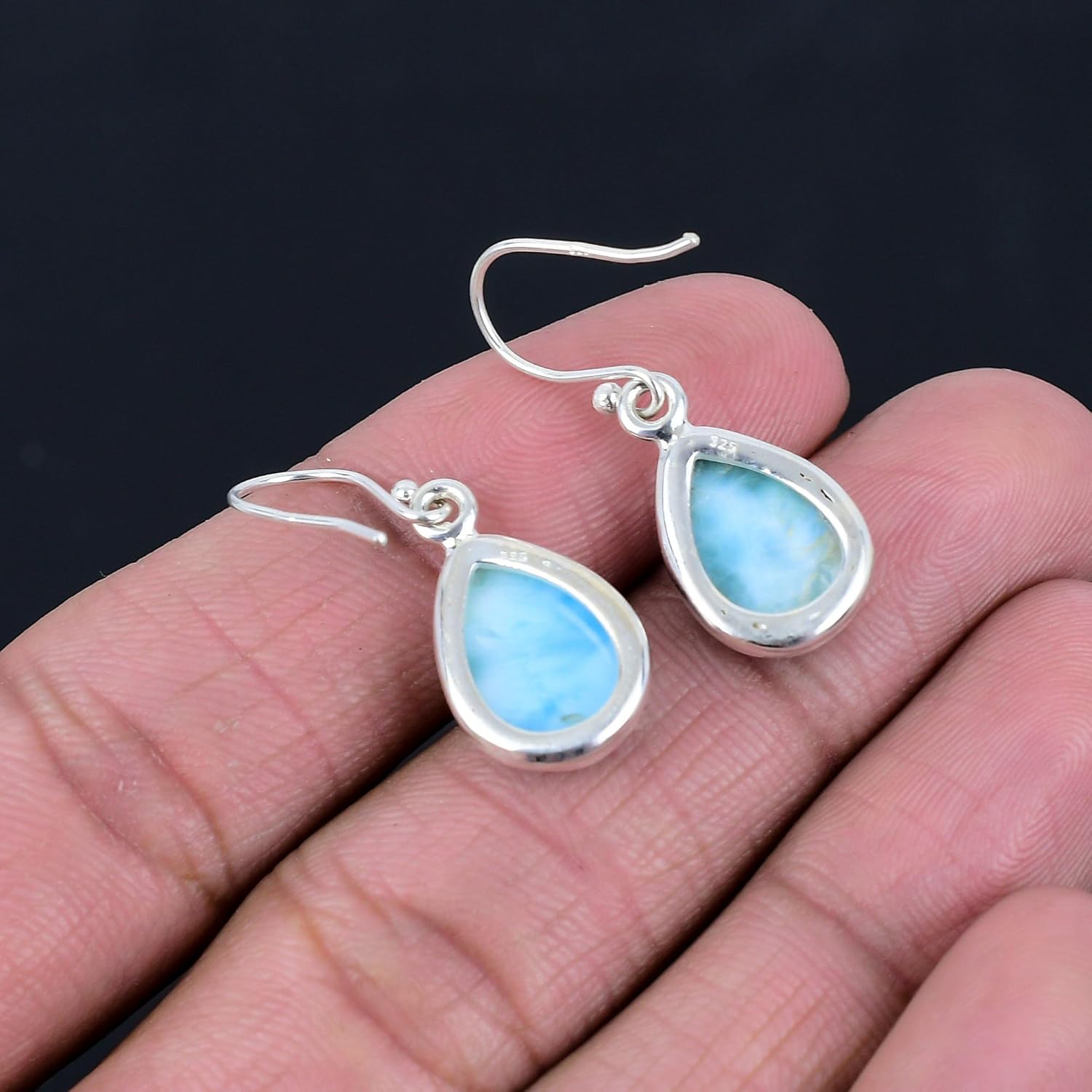 Silver Palace Solid 925 Sterling Silver Natural Larimar Gemstone Drop Dangle Earrings For Womens