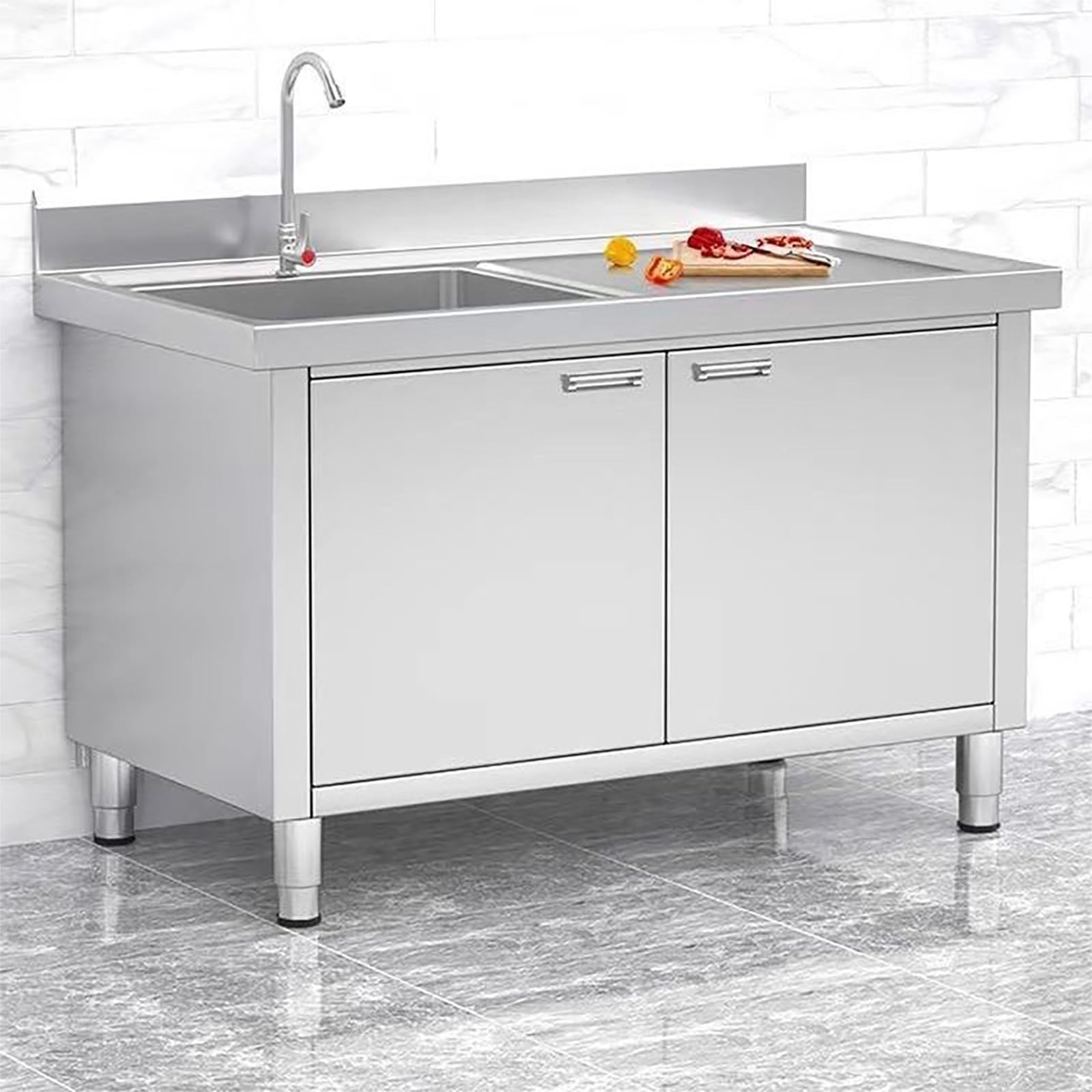Tavolo Da Lavoro In Acciaio Inox Con Lavandino A Sinistra, Tavolo Da Cucina In Acciaio Inox Con Costola Alta E Rubinetto, Tavolo Da Cucina Gastro, Portata 150 kg Per Ristorante, Hotel, Albergo