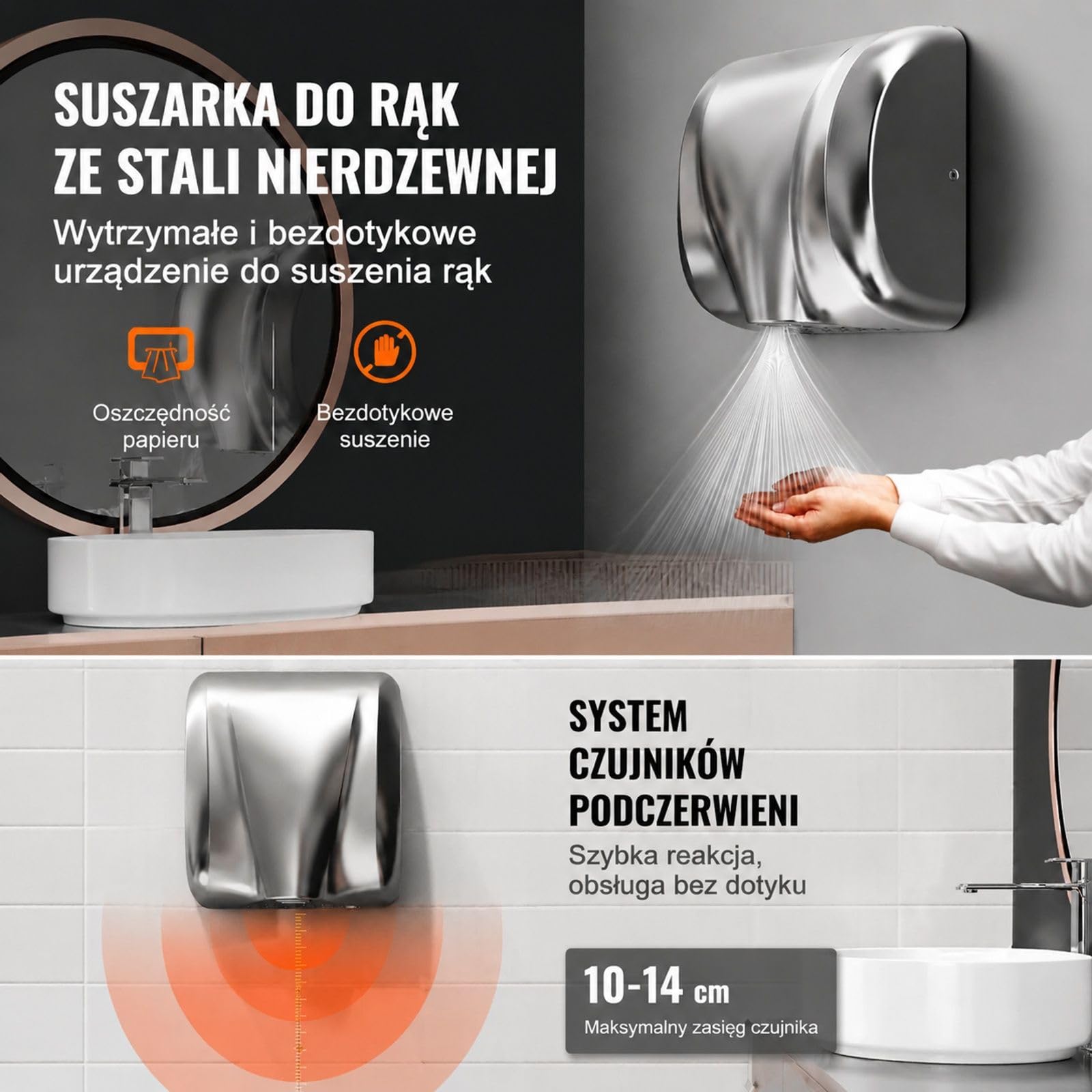 Elektryczna suszarka do rąk 1300 W ze stali nierdzewnej 304, czujnik podczerwieni, montaż ścienny do toalety i kuchni