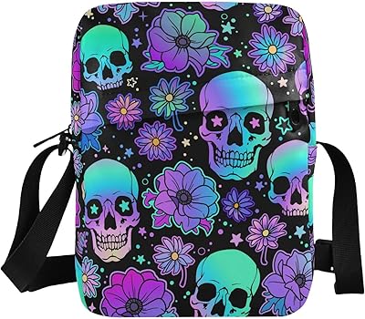 JHKKU Crossbody Bags Colorful Skull Flowers Women Men Mini Messenger Bag, Adjustable Side Shoulder Bag, Travel Portable Purse Phone Passport