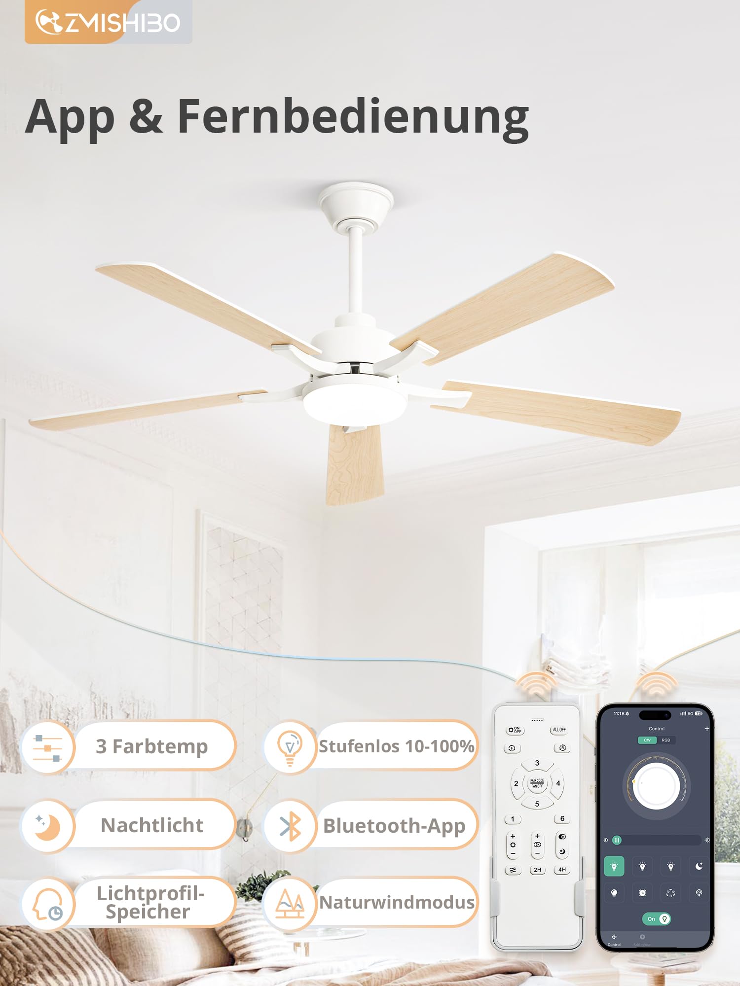 ZMISHIBO Deckenventilator mit Beleuchtung, 132cm Leiser Ventilator mit App- & Fernbedienung, leiser & umkehrbarem DC-Motor, Deckenleuchte mit Ventilator für Schlafzimmer & Wohnzimmer