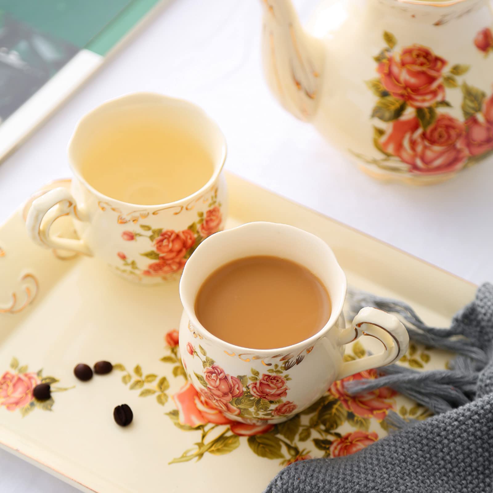 Zestawy Do Herbaty Porcelanowej Dla Dorosłych, Filiżanki Do Kawy Z Czajniczkiem, Zestaw Do Herbaty Popołudniowej Z Pasującymi Łyżeczkami, Ceramiczny Serwis Do Herbaty W K