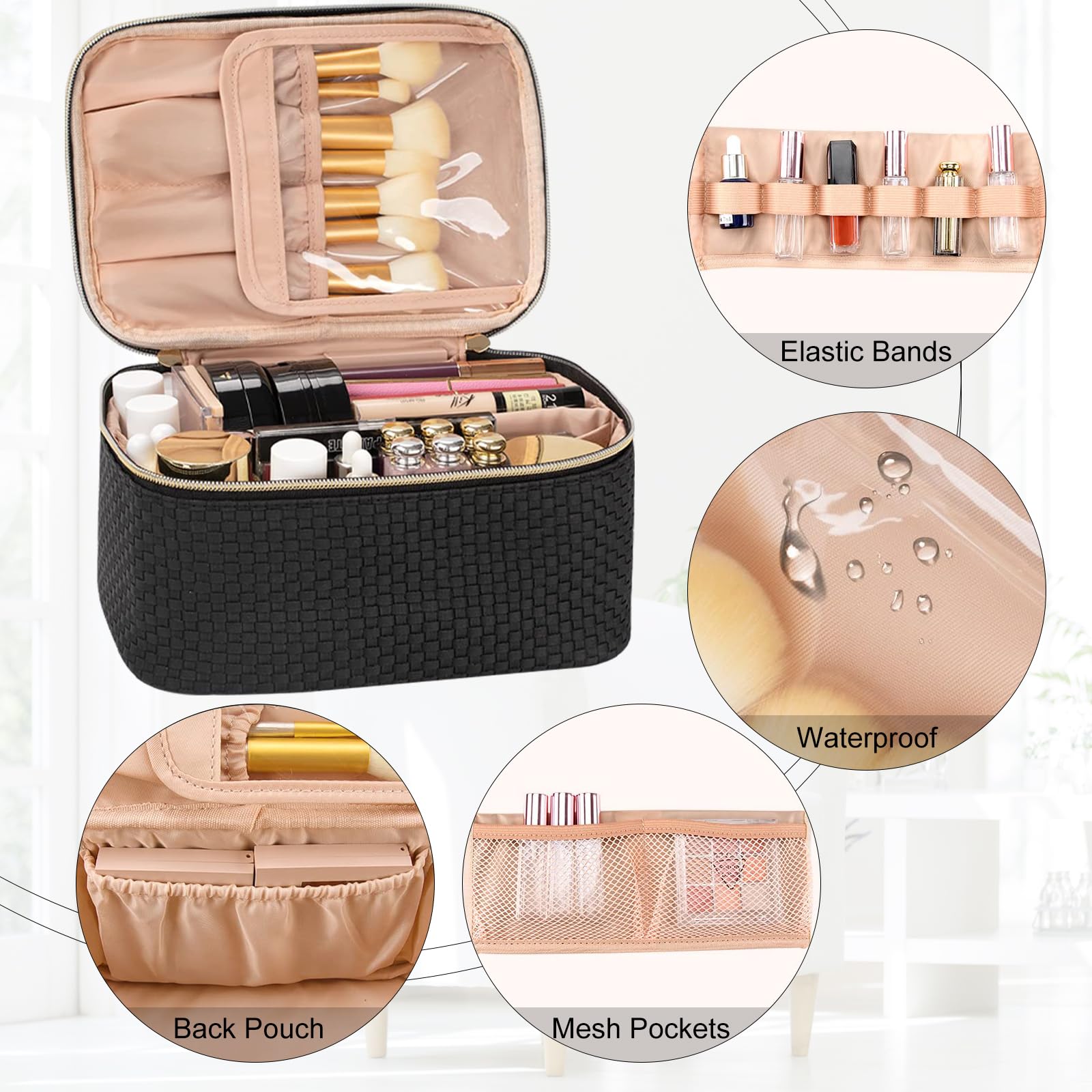 Neceser Maquillaje,Neceser Mujer Grande Viaje con Porta Brochas,Impermeable Bolsa de Maquillaje Organizador con Compartimento (Negro Elegante)