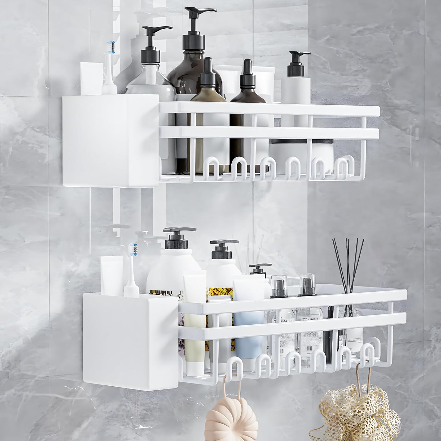 TranRantic 2 Pcs Shower Caddy Bathroom Shelves Shower Shelves Wall Shelf Rack Accessories with Toothbrush Holder No Drilling