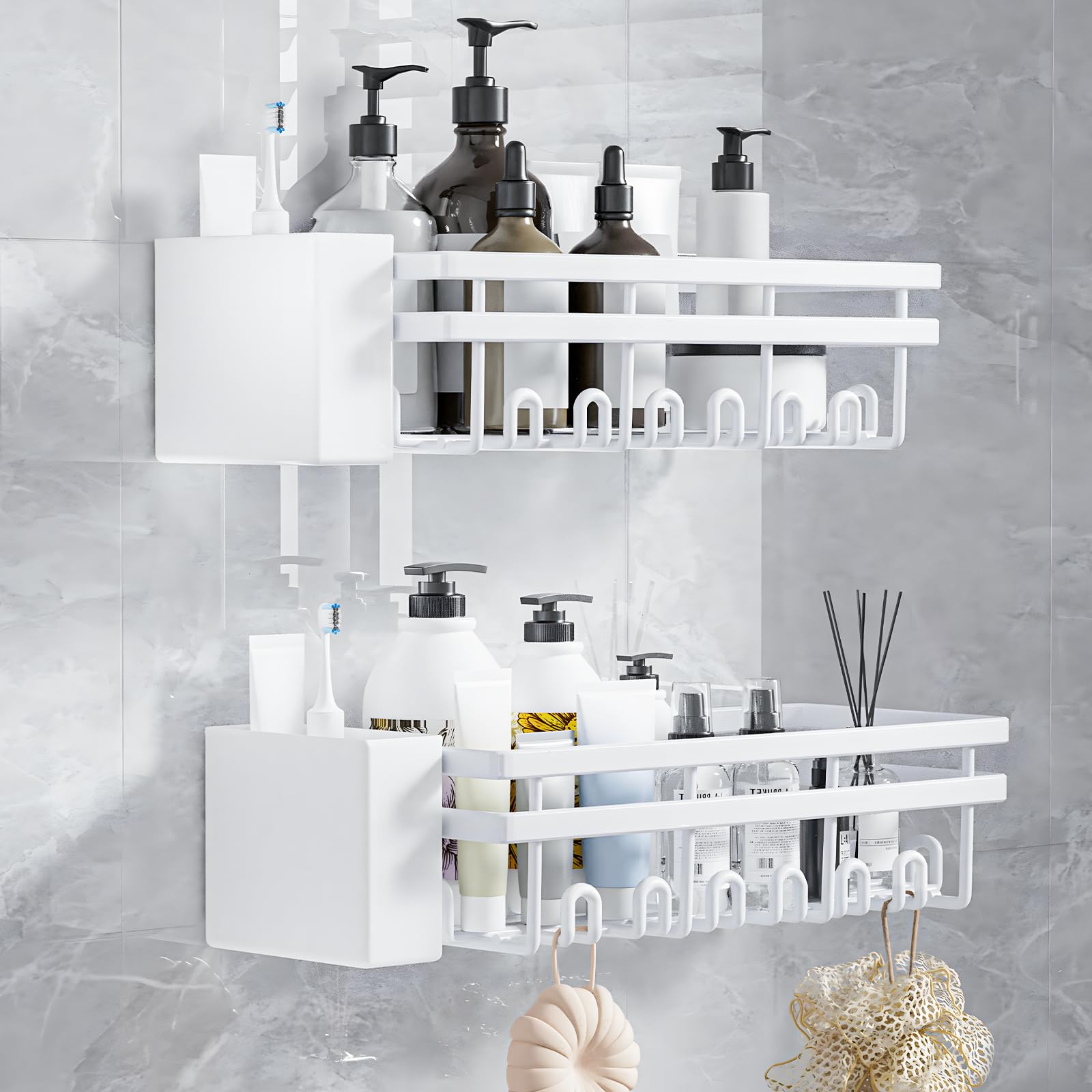 Organizador de ducha de 2 piezas, estantes de baño, estantes de ducha, estante de pared, accesorios con soporte para cepillos de d