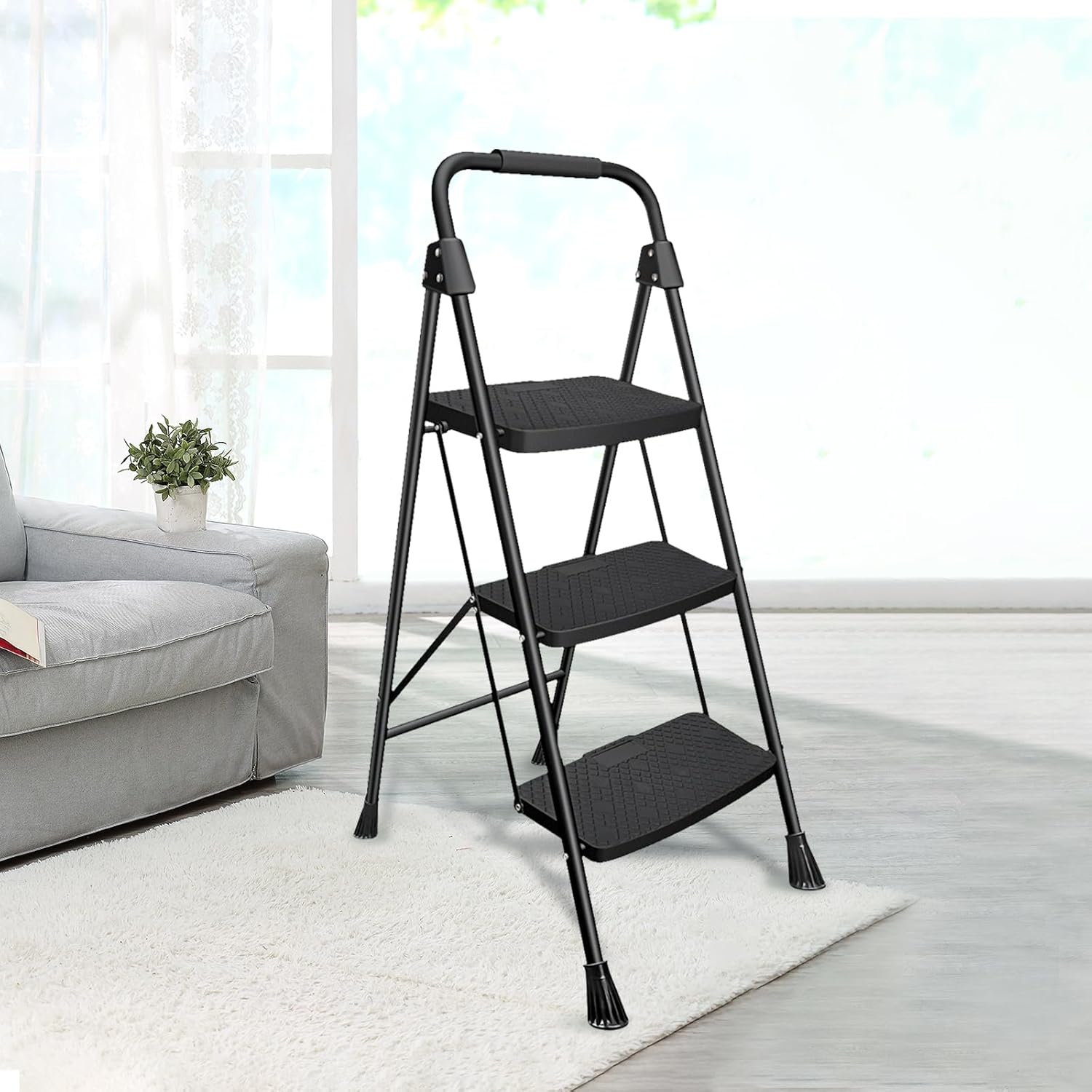 2 3 4 Step Ladder, Folding Step Stool with Wide Anti-Slip Pedal,Foldable Step Stool for Home Lightweight, Portable Steel, for Household Garage Storage (Black, 3 Step)