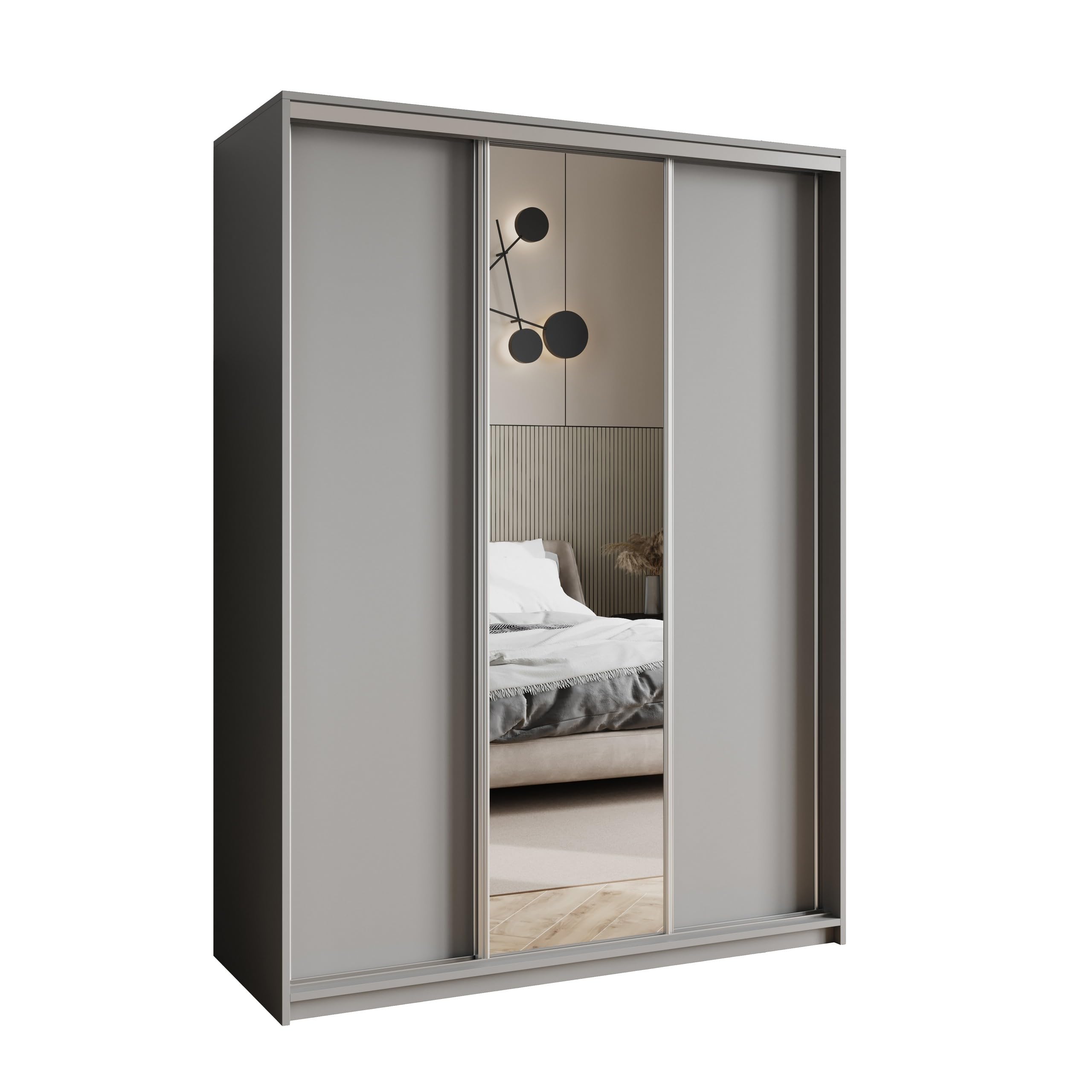 Masseno Schwebetürenschrank TAVI 150/205/60 cm Kleiderschrank mit Schubladen Schlafzimmer Schiebetürenschrank 3-türig mit Spiegel Graphitfarben + Satin