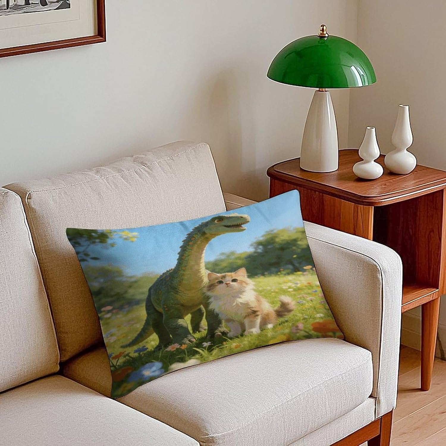 Cat and Dinosaur Pillowcase,Elegant Designed Home Decor,Velvet Pillowcase,Soft and Cozy,Pillow Case Cover with Hidden Zipper for Bedroom, Sofa, Couch