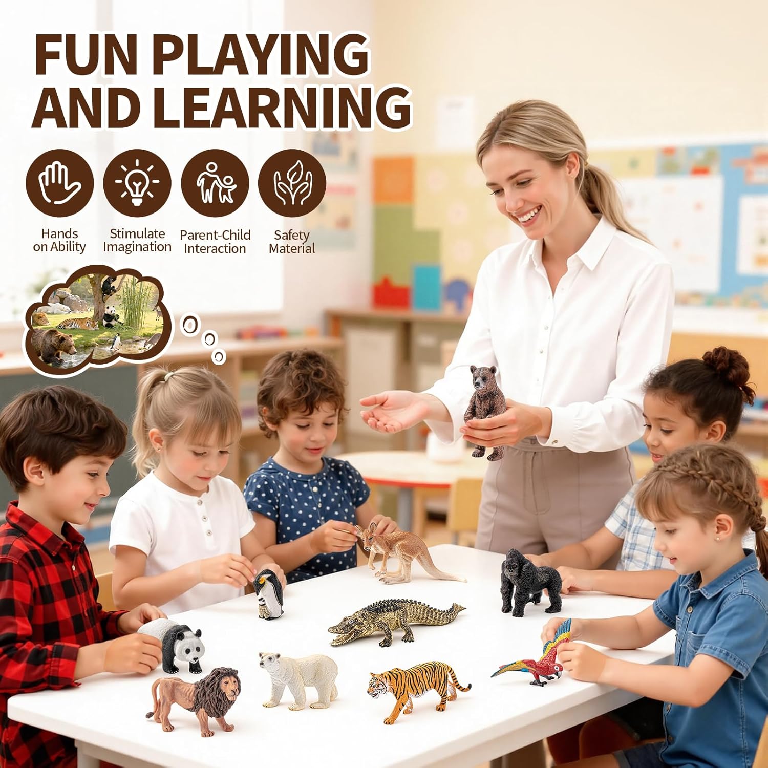 10PCS 2-7" Safari Zoo Animal Toys for Toddlers Kids, Realistic Wild Animal Figurine Toys Set, Tiger,Bear,Kangaroo,Crocodile,Lion,Polar Bear, Educational Learning Toys Playset for Boys Girls