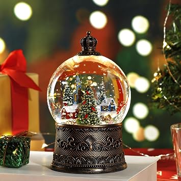 100mm Christmas Snow Globe with Music and Water Feature Christmas Lantern Decorations Snow Village with Large Christmas Tree Dual Power Supply Mode USB and Battery Powered
