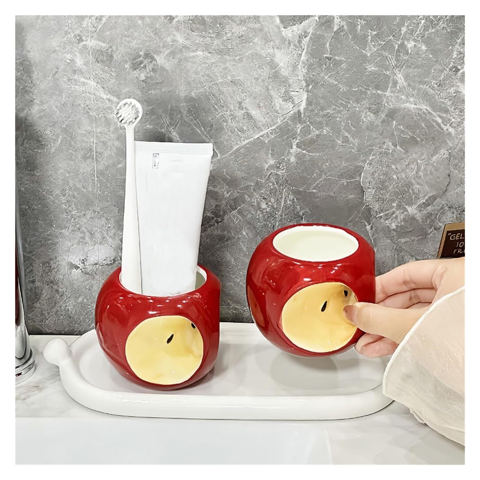 Porta brochas de Maquillaje Soportes de cerámica for cepillos Dientes y Pasta, Tazas for Enjuague bucal, Vasos baño con Forma Manzana Organizador de Accesorios