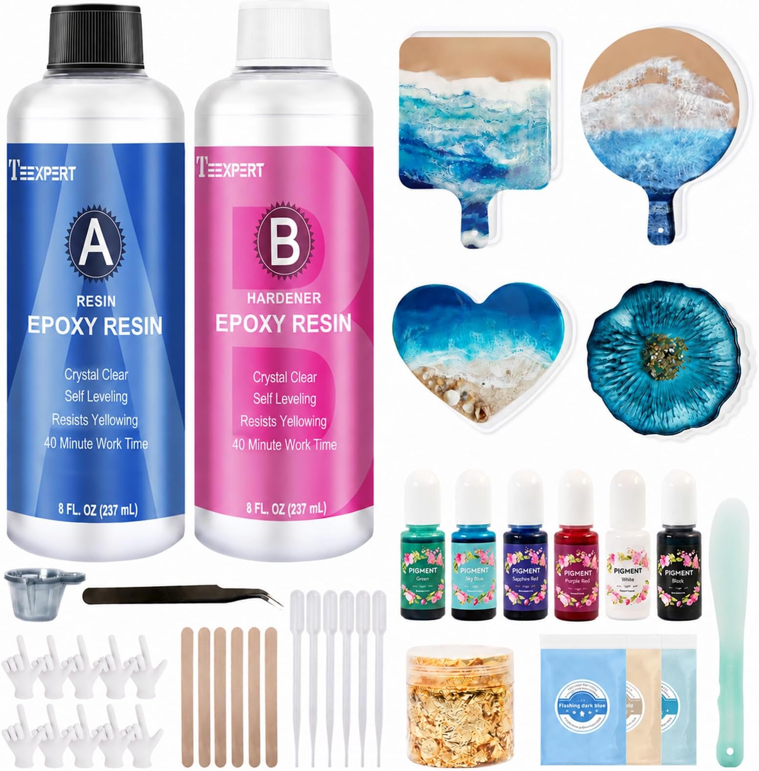 Teexpert Epoxy Resin Kit for Beginners, 16oz Crystal Clear Art Resin Kit with Silicone Coaster Molds, Pigments, Mica Powder, Gold Leaf for DIY Coaster Jewelry Tray Keychain Deco Coating and Casting