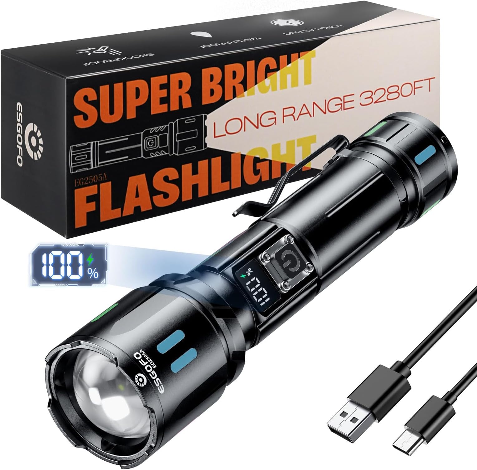 Rechargeable Torch LED Super Bright 500000 Lumen, Powerful Flashlight Long Distance Zoomable & Single Click 3 Modes, High Power USB C Long Lasting 15H Flash Light, for Camping Hiking Emergency