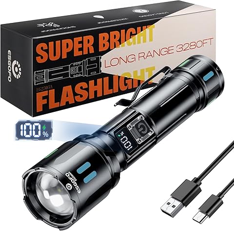 Esgofo Linternas LED Alta Potencia 1000000 Lúmenes, Linterna Recargable de Larga Distancia Zoomable y 3 modos, 15H USB C Luz Flash De Larga Duración, para Campamento Senderismo De Emergencia