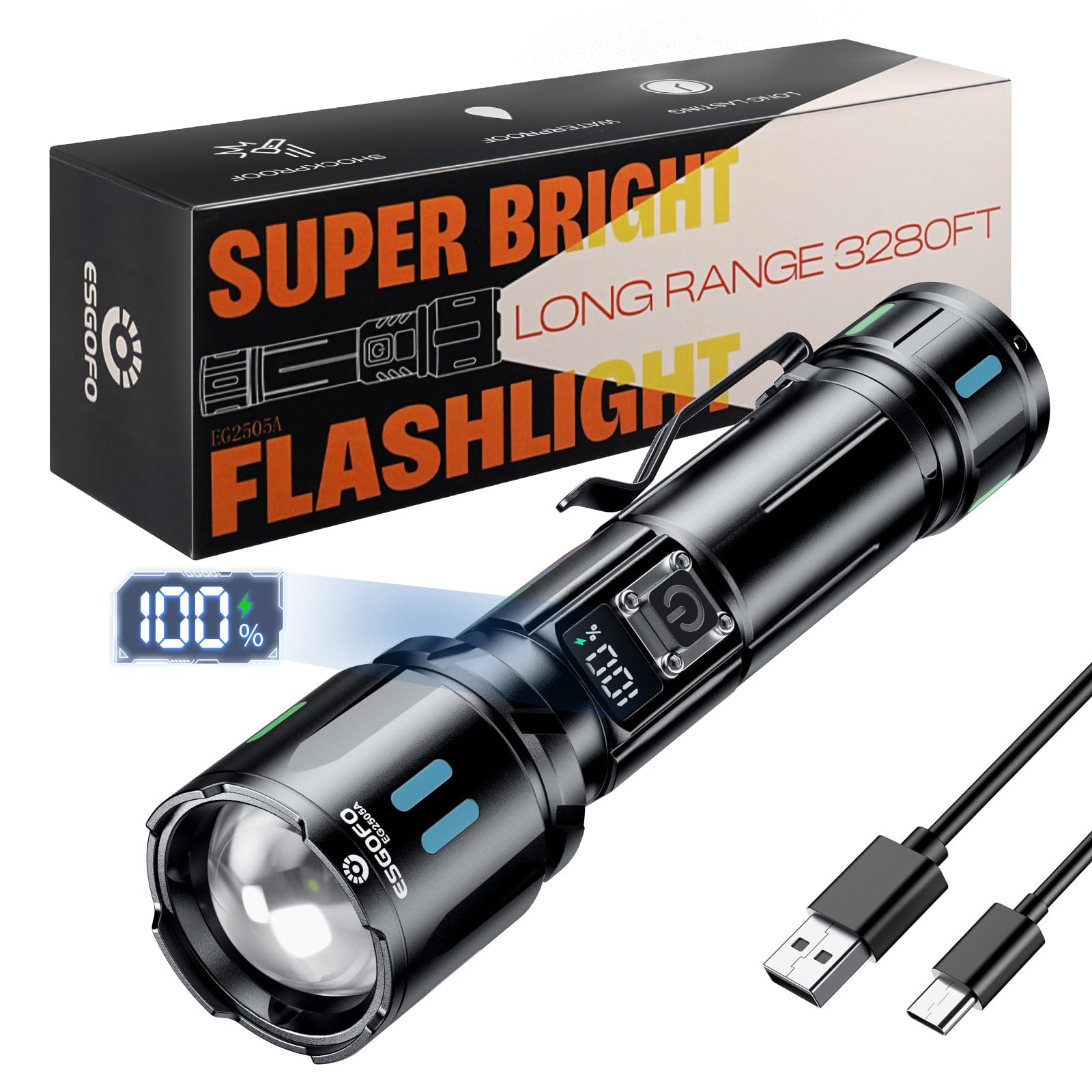 ESGOFO 1000000 Lumens torcia led potente professionale, torcia ricaricabile zoomabile a lunga distanza e 3 modalità, USB C ad alta potenza di lunga durata 15H, per emergenza di campeggio escursionismo