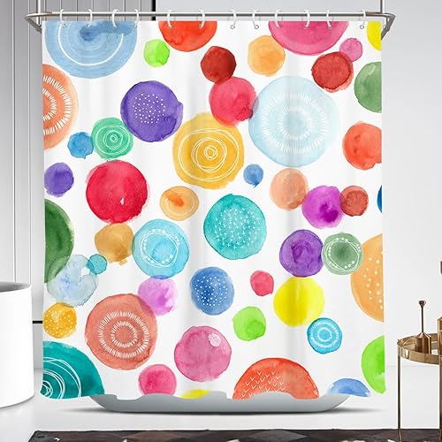 Coxila Cortina de ducha colorida para niños y niñas, diseño de lunares, diseño geométrico brillante, acuarela, abstracto, 72 x 72 pulgadas, tela de