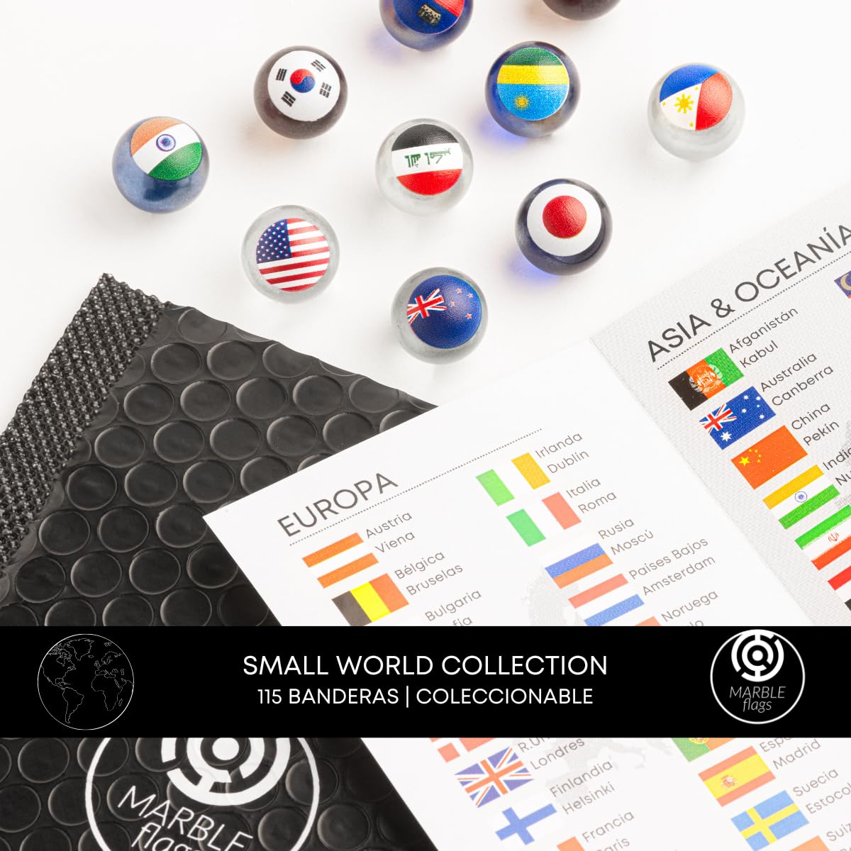 Kit Coleccionable Canicas con Banderas | 30 Canicas Aleatorias & Caja de Madera
