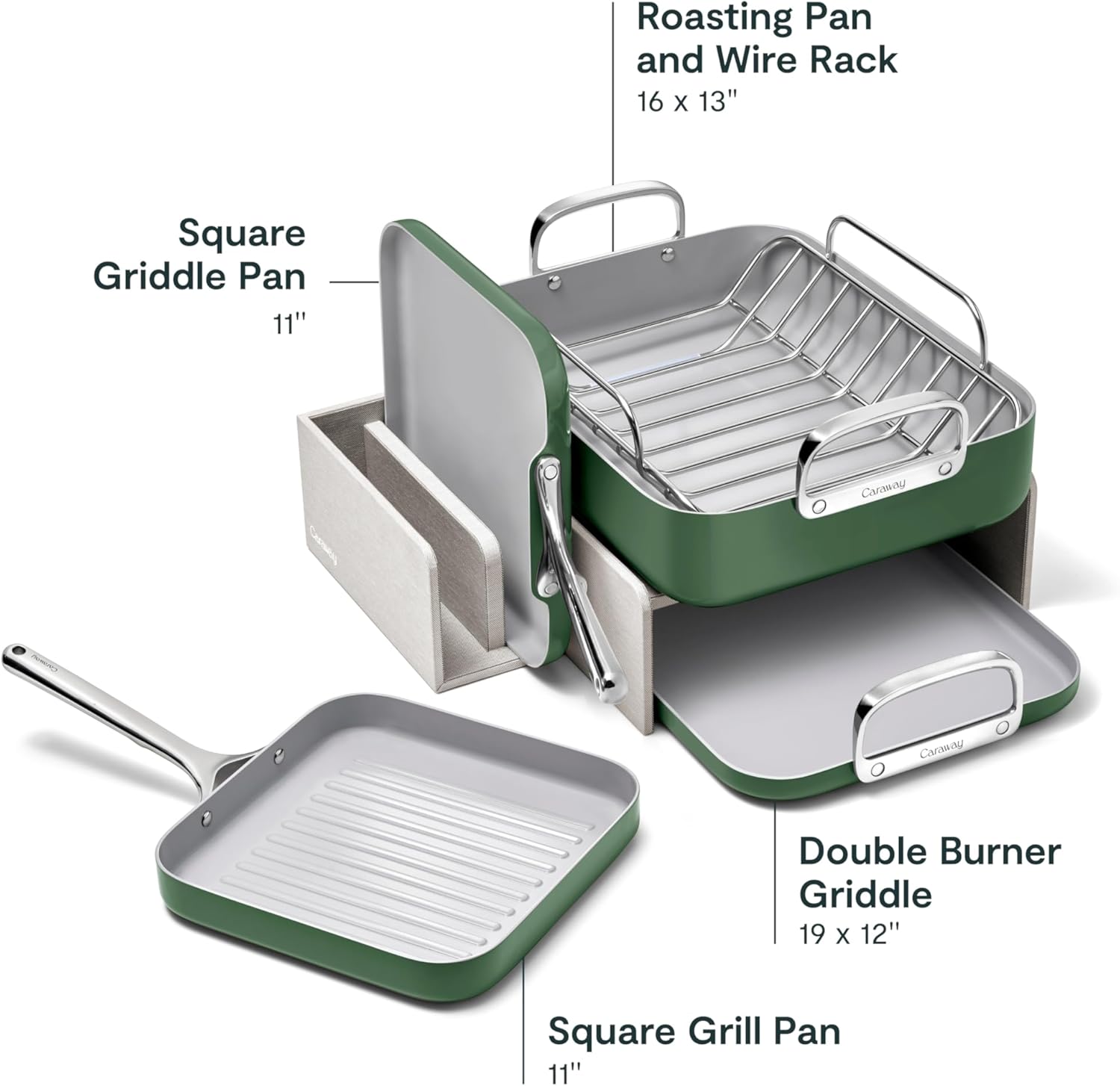 Sage Non-Stick Ceramic Square Cookware Set with Grill Pan