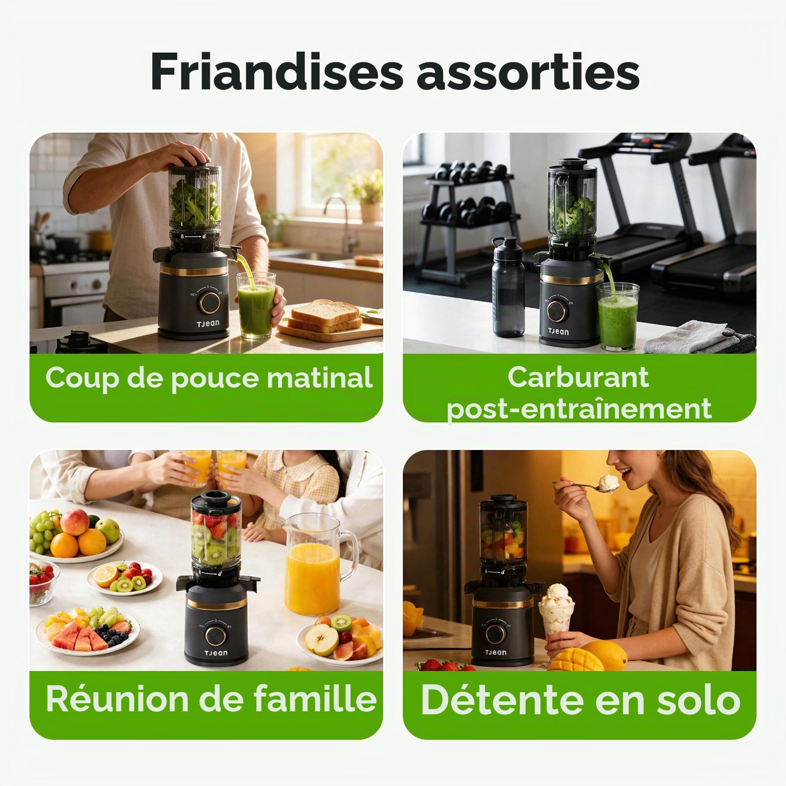 Extracteur de jus à froid lent TJean 110 mm pour fruits et légumes entiers, haut rendement, faible consommation d'énergie