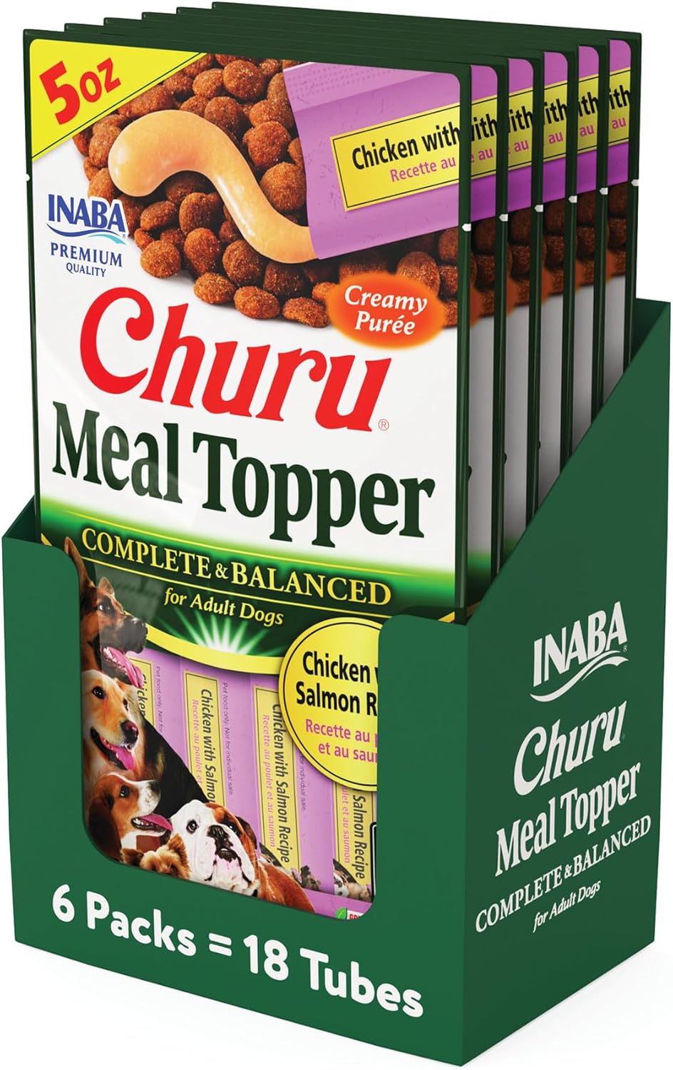 INABA Churu Meal Topper for Dogs, Complete & Balanced, Creamy, Lickable Purée Dog Food Toppers, 1.69 Ounce Tube, 18 Tubes (3 per Pack), Chicken with Salmon Recipe