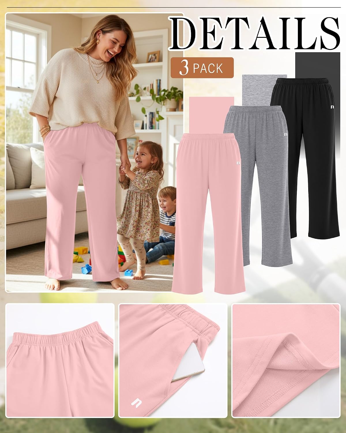 Neer 3 Packs Women's Plus Size Wide Leg Sweatpants High Waist Elastic Waistband Lounge Pants with Pockets