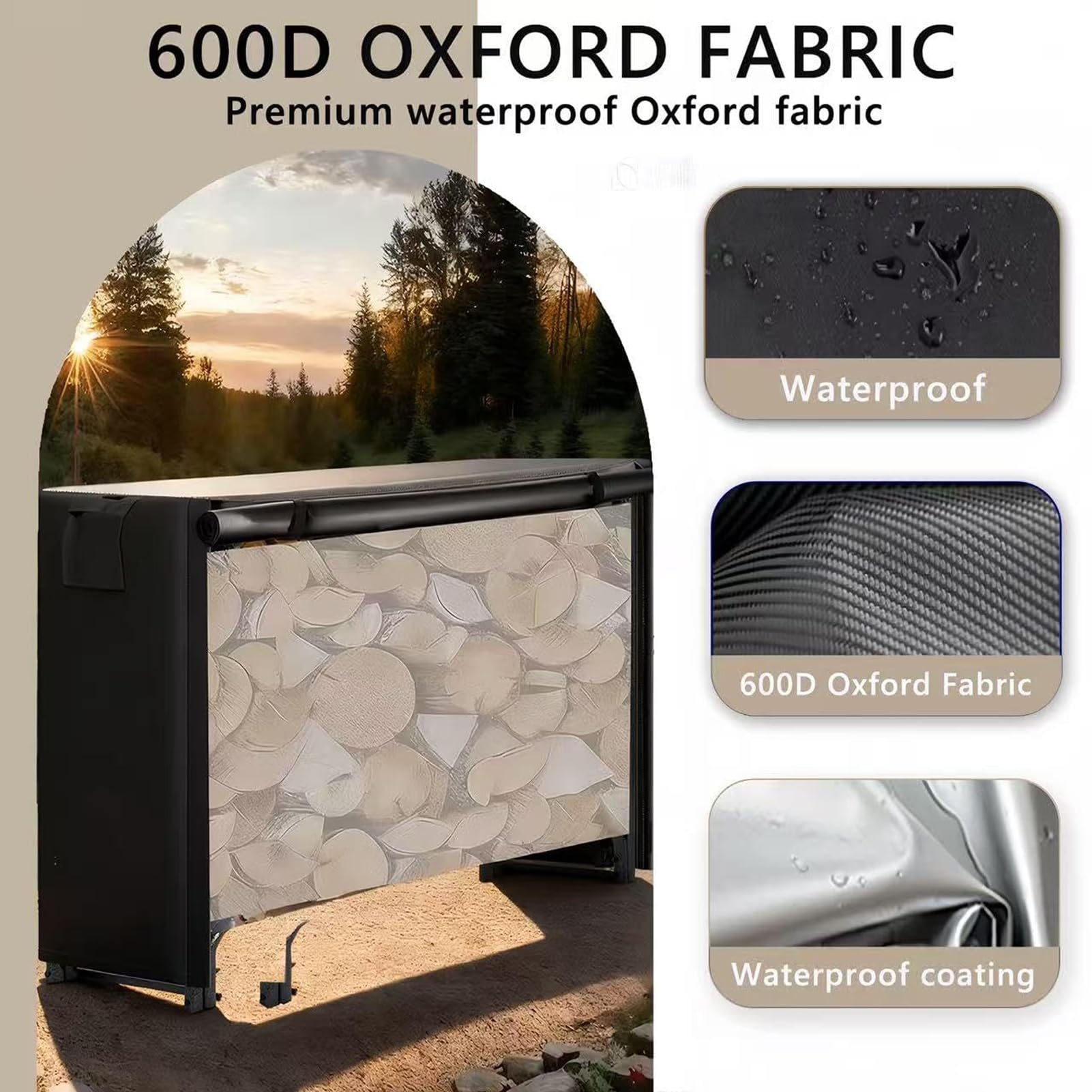 Housse imperméable pour étagère à bois de chauffage, rangement extérieur robuste avec fermeture éclair et bande auto-agrippante