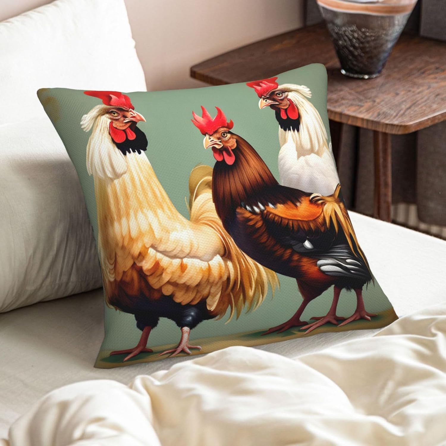 Rooster and Chicken Print Imitation Linen Pillowcase -2 Sets, Fashionable Home Decoration, Used for Sofas, Gardens, beds