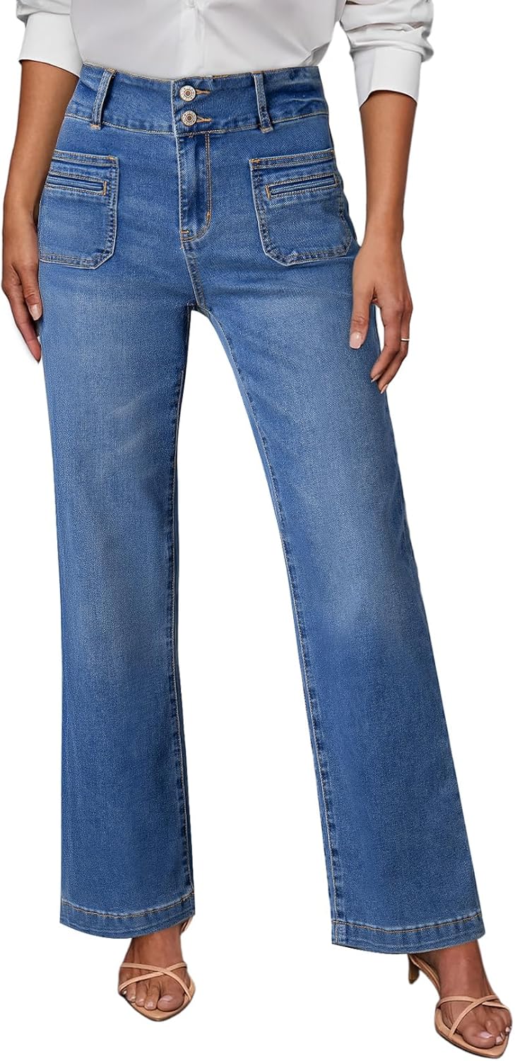 Sidefeel Women's Wide Leg Jeans High Waisted Tummy Control Stretchy Pockets Front Straight Leg Jeans