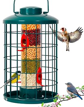 Mosloly Caged Bird Feeder for Wild Birds Outside, Large Squirrel-Proof Heavy-Duty Metal Hanging Tube Bird Feeder, 4 Feeding Ports, 13.2 High, 3LB Seed Capacity Green
