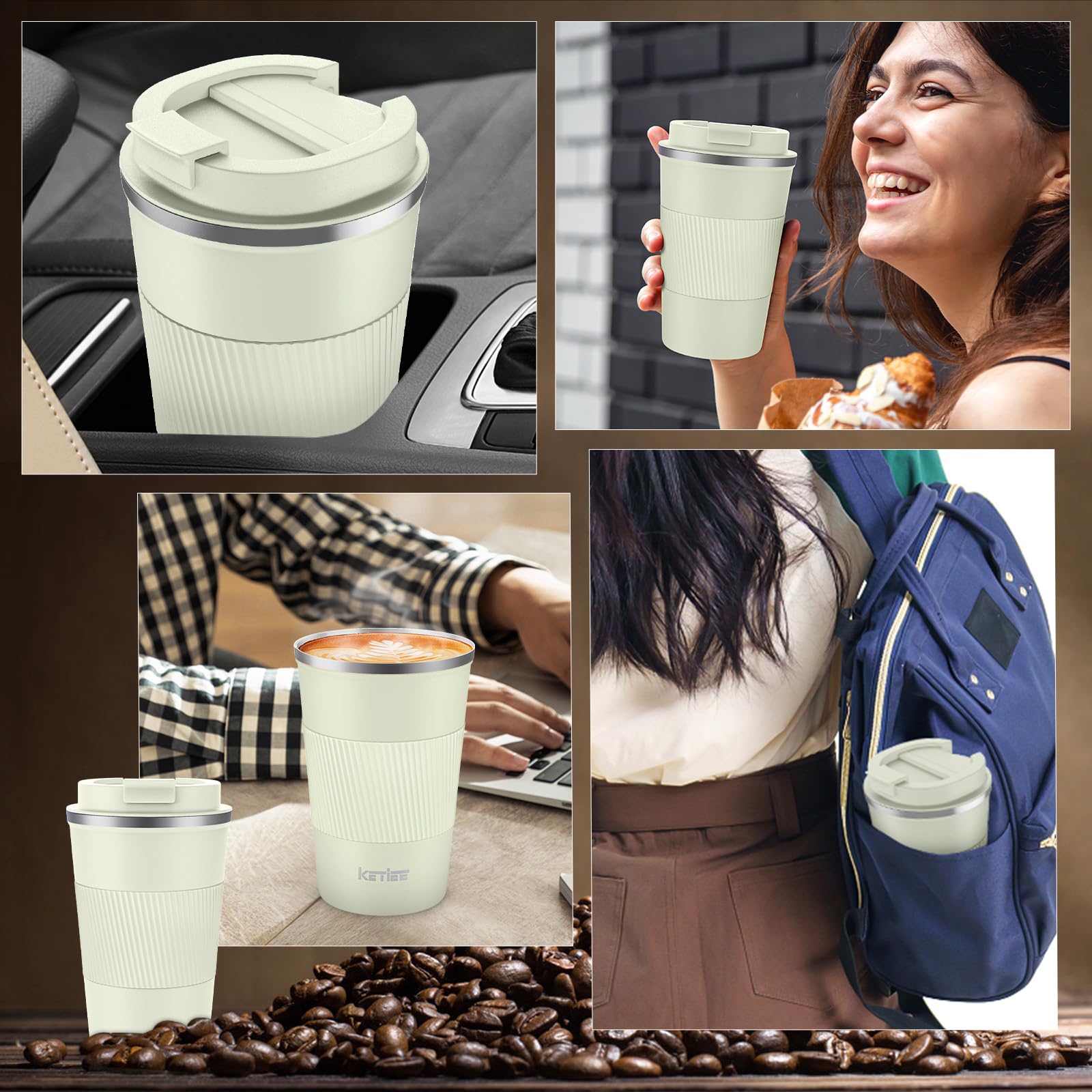 KETIEE Travel Mug Insulated with Leakproof Lid - Reusable Double Walled Coffee Cup, Stainless Steel for Hot Cold Drinks - 380ml Cream - Image 4