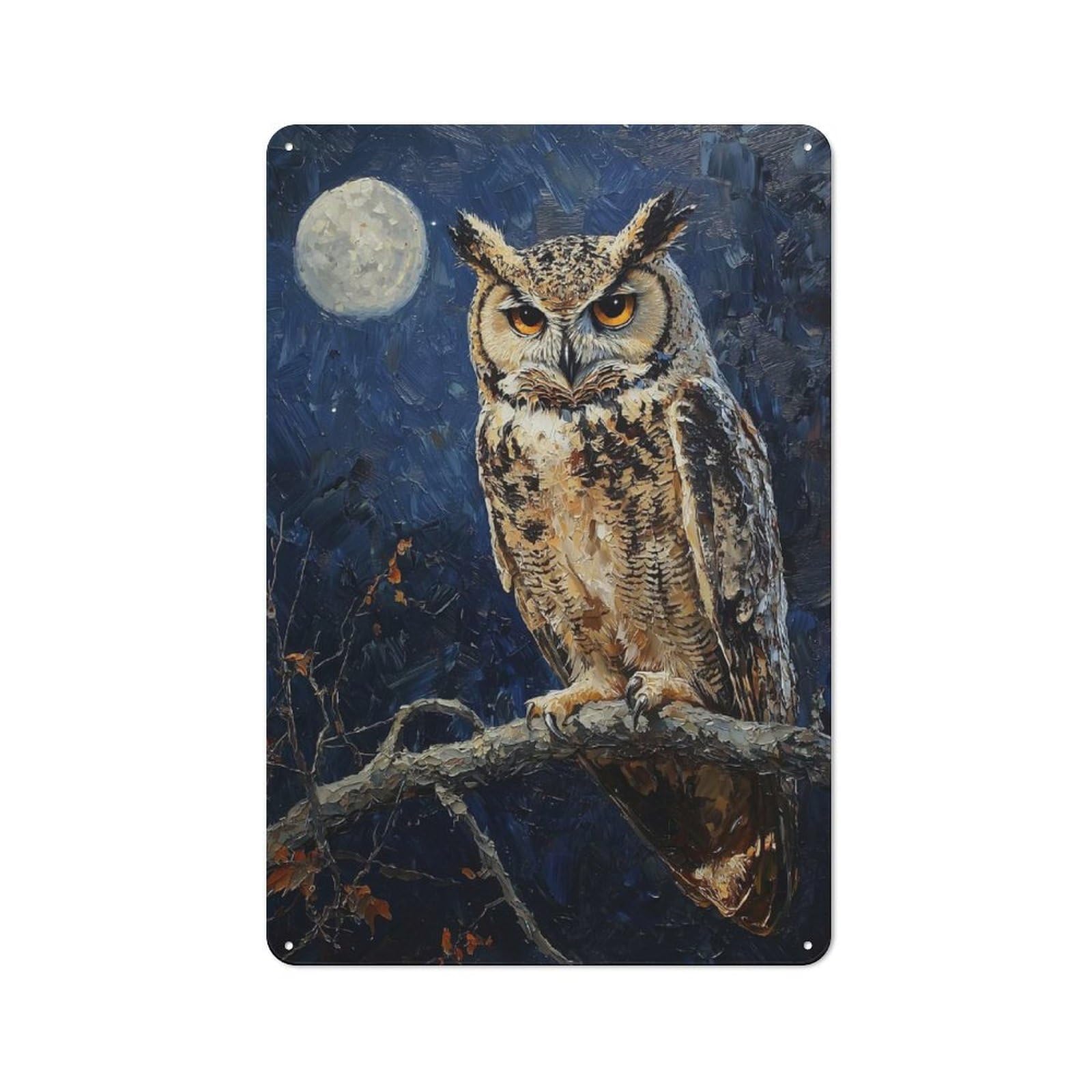 Junmoney Style-10 Old Style Great Horned Owl Night Portrait Metal Sign 30X20cm, Bar Wall Plaque For Diner, Restaurant, Shed Or Kitchen