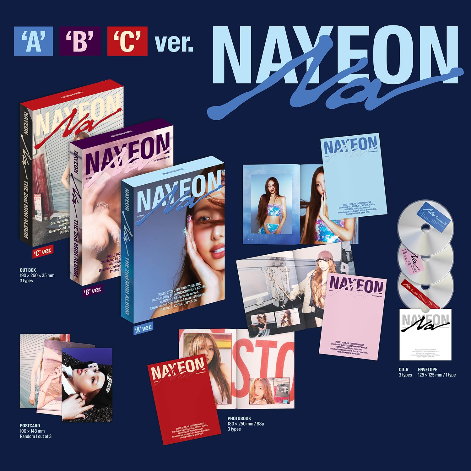 NAYEON - 2nd Mini album [NA] (A Ver.) Out Box R + Envelope + Postcard + Photobook + Hang Tag + Photocard + Track Sticker Pack + Mini Folded Poster + 2 Extra Photocards
