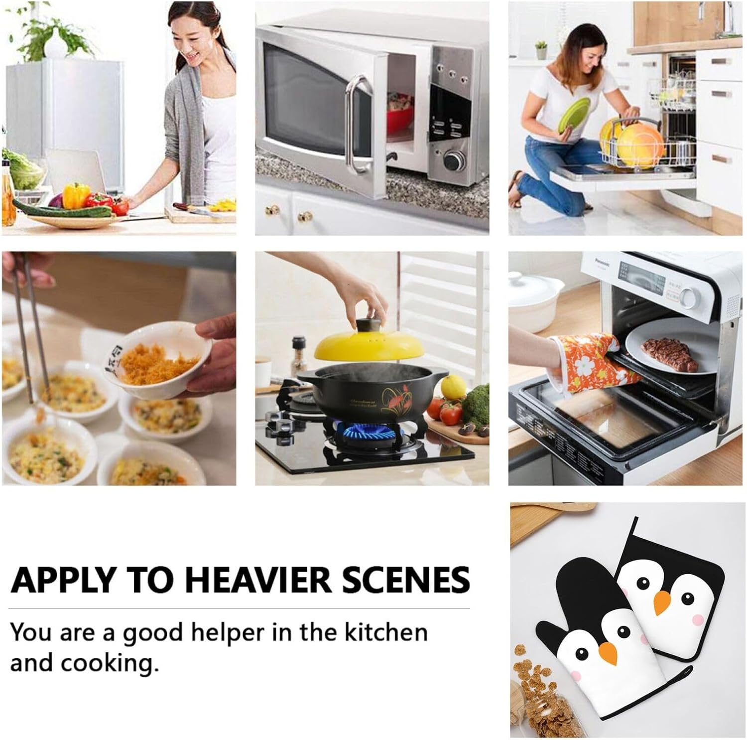 Novelty Funny Penguin Oven Mitts and Pot Holders Sets of 4, Heat Resistant Silicone Oven Mittens and Potholders Gloves Hot Pads for Kitchen Cooking Baking Grilling BBQ Chef