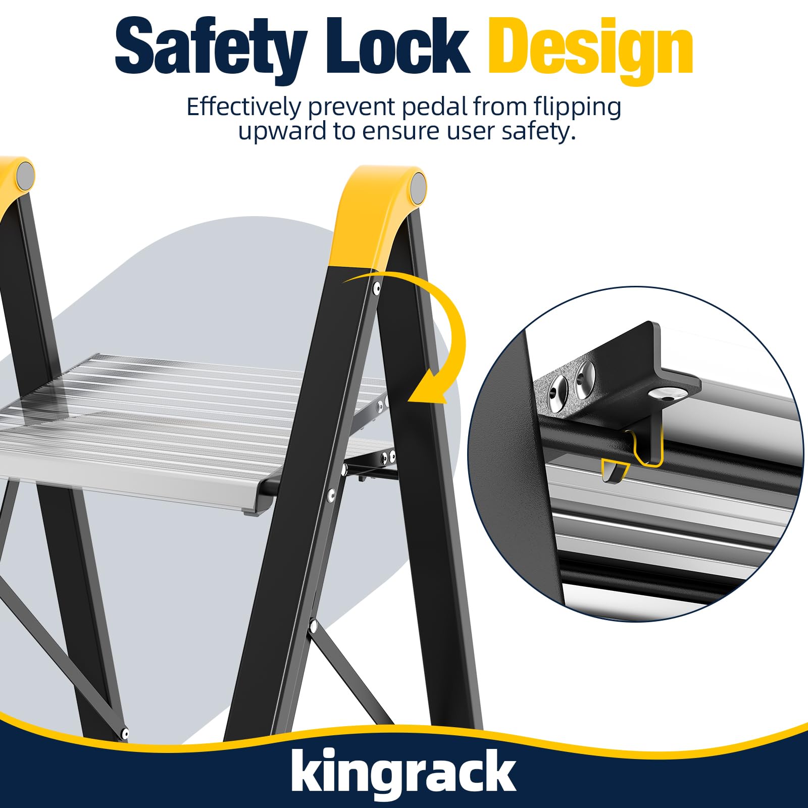 Kingrack Escalera 3 peldaños Aluminio Antideslizante, Capacidad 150kg Negro | Escalera taburete plegable aluminio peldaños antideslizantes, soporta 150kg, plata y negro, uso hogar cocina oficina