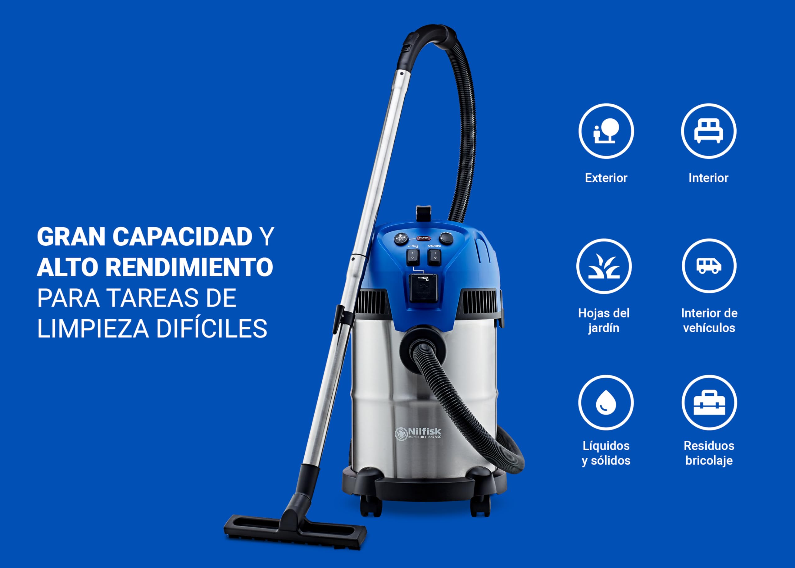 Nilfisk Multi II 30L T Inox Aspiratore Solidi e Liquidi – Per Casa, Giardino e Auto – Funzioni di Aspirazione e Soffiaggio per Interni ed Esterni (1400 W)