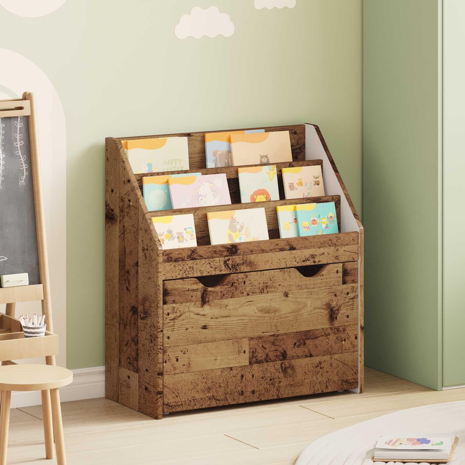 Kinderregal Altholz Holzwerkstoff 60 x 29,5 x 69 cm freistehendes Regal mit Schublade für Bücher, Zeitschrift Ordnung im Kinderzimmer