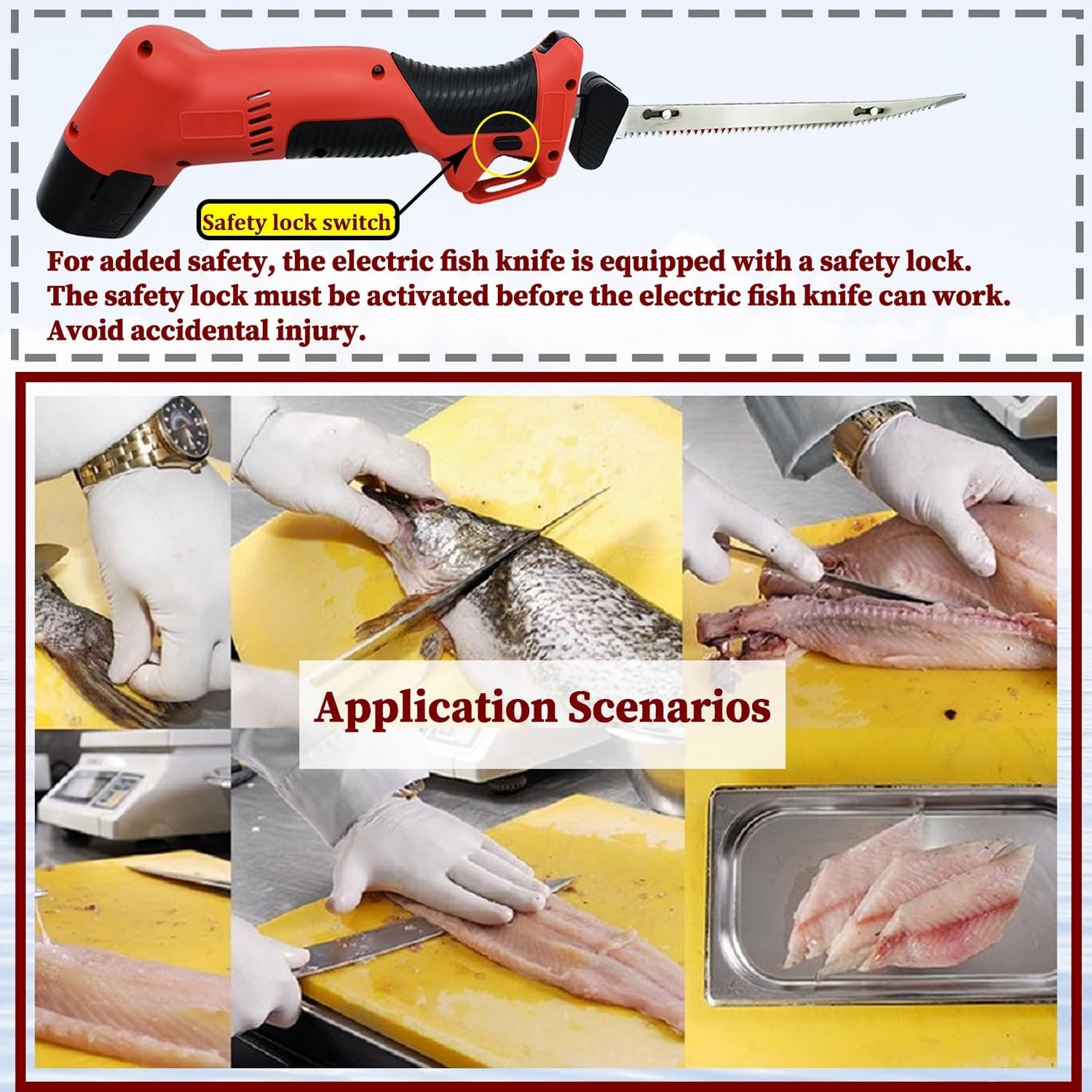 Cuchillo for filetear pescado inalámbrico, cuchillo for filetear eléctrico for pescado con 4 cuchillas alternativas antiadherentes recubiertas de nitruro de ti, cerradura segura, 2 baterías y bolso fo