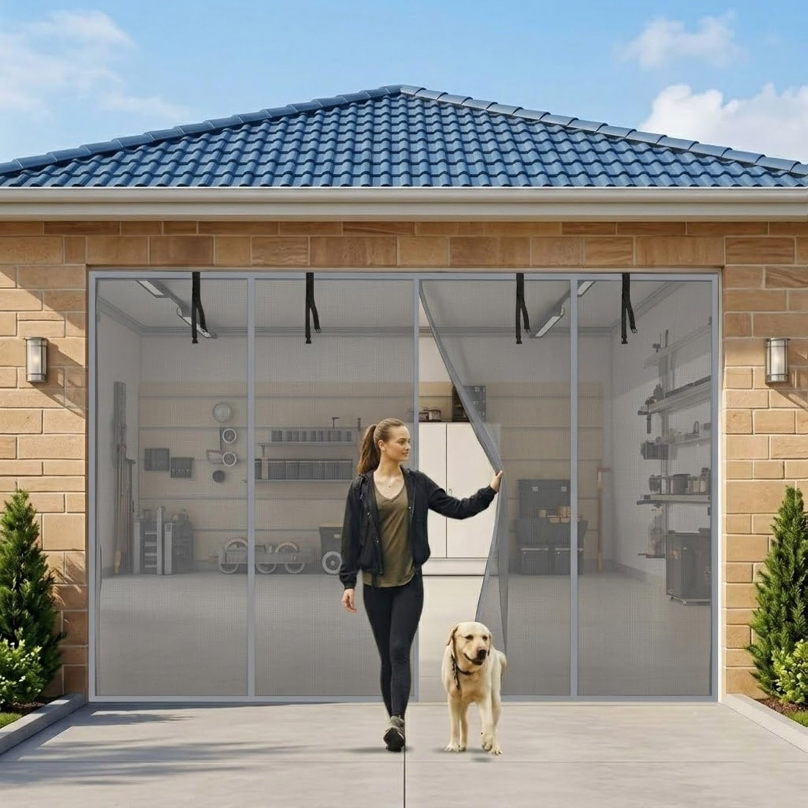 Voirda Gray Garage Screen Doors, Magnetic Heavy Duty Fly Mesh Screen For 2 Car Garage, Retractable Anti Mosquito Net With Automatic Closure, 240X180cm-470X230cm Pet Safe Bug Screen For Patio(,240X220cm(Wxh))