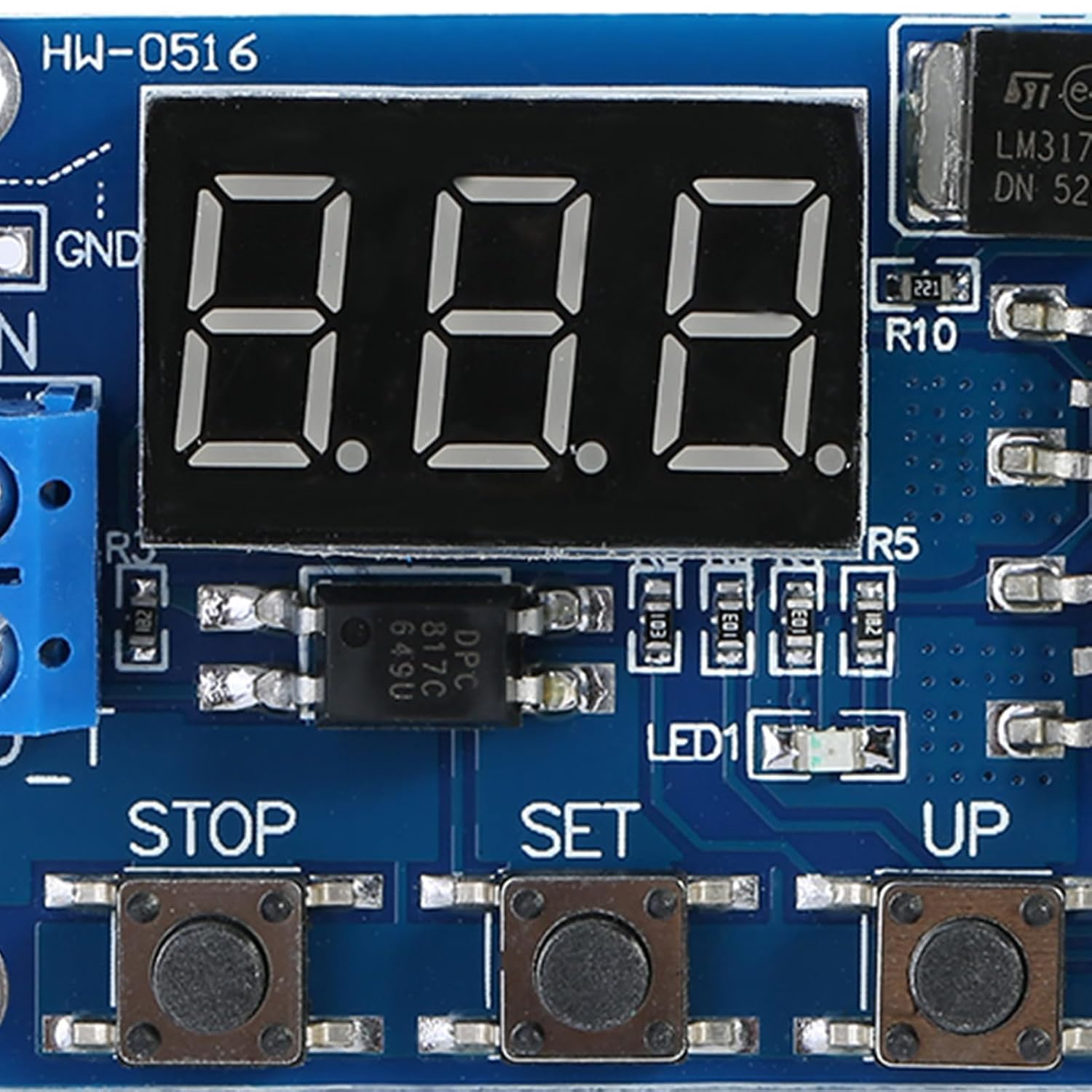 Close-up of the LED display and control buttons for setting parameters