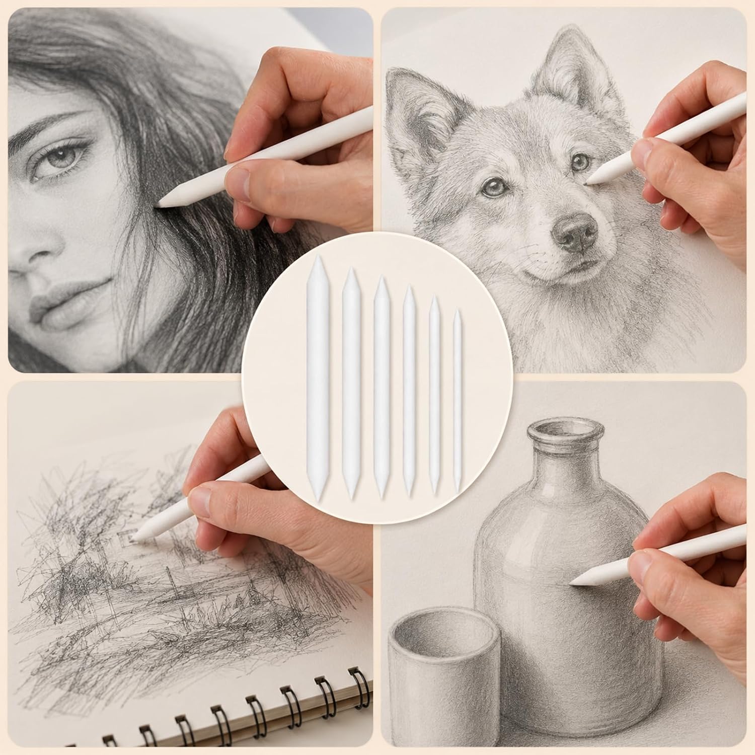 12 PCS Blending Stumps and Tortillions, Paper Art Blenders Tools Oil Pastel Blending Pencil Sketch Drawing Tools for Artists Drawing Supplies (6 Sizes)