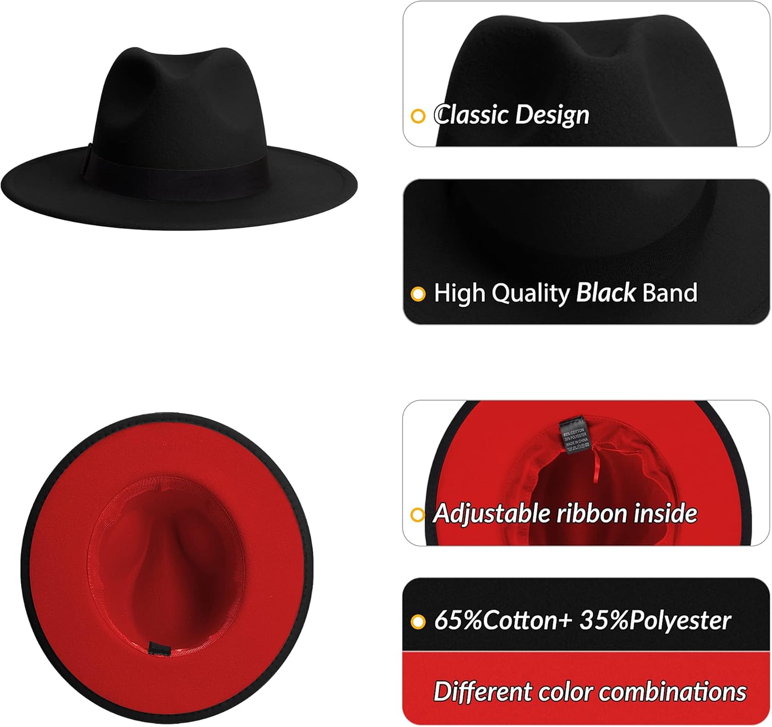 KUJUHA Fedora Hats for Mens/Womens Felt FedoraHats Two Tone Wide Brim Fedora Hats Rancher Hat - Image 3