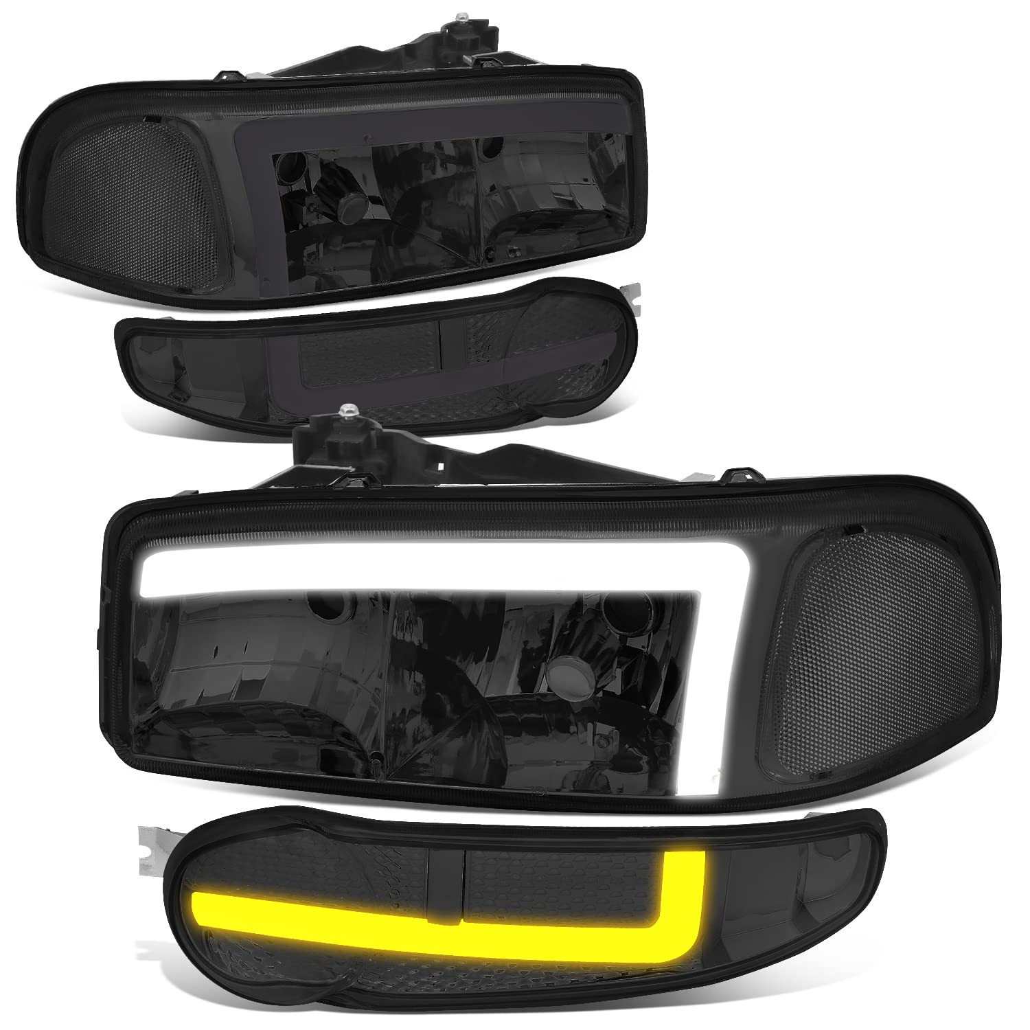 DNA MOTORING 4-HL-DAN99-T2-SM-CL L-LED Light Bar Style Headlights Compatible with 02-06 GMC Sierra 1500 Denali / 2001 Sierra C3 / 2007 Sierra 1500