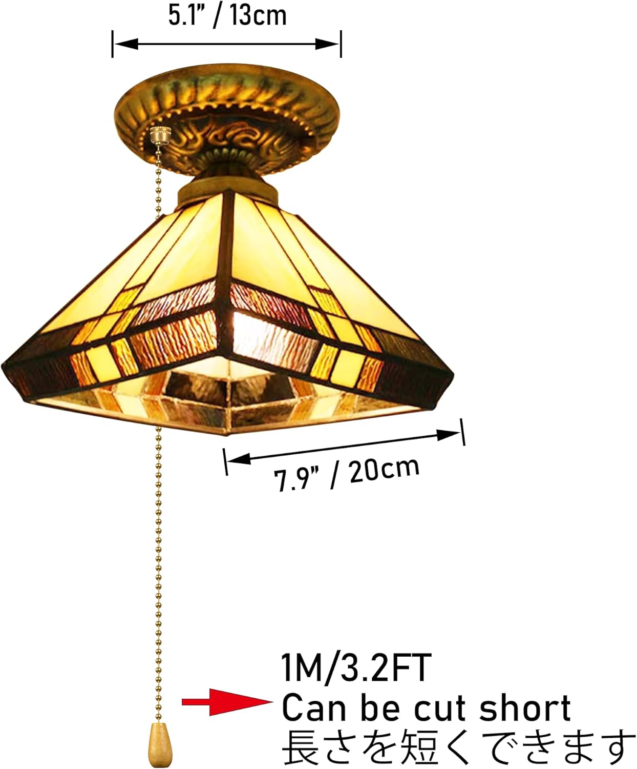 RV Square Light with Zipper Switch 12V RV Hallway Light Fixtures, E26 E27 Yellow Pyramid Shape Stained Glass Semi Flush Mount Interior Lighting Decorative Ceiling for RV Camper